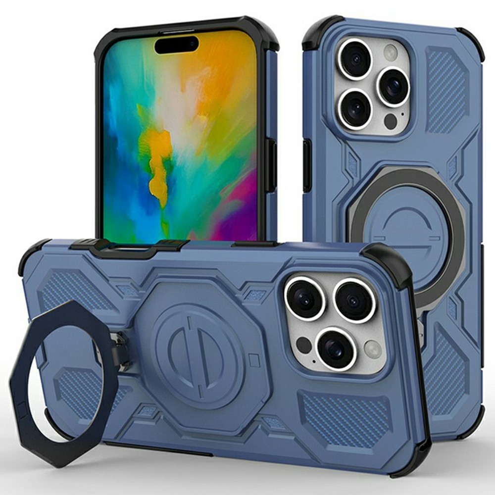 For iPhone 16 Pro Max Magnetic Case Rotating Metal Kickstand Shockproof PC + TPU Phone Back Cover - Dark Blue