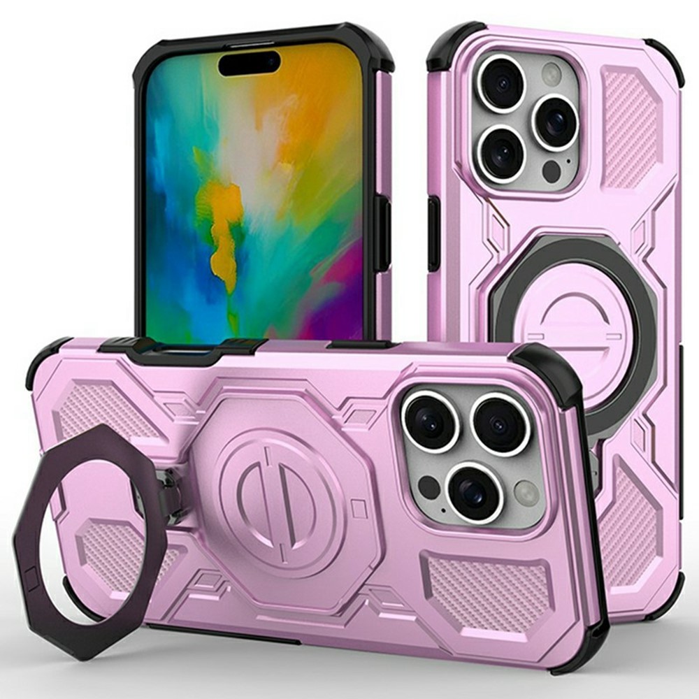For iPhone 16 Pro Max Magnetic Case Rotating Metal Kickstand Shockproof PC + TPU Phone Back Cover - Pink