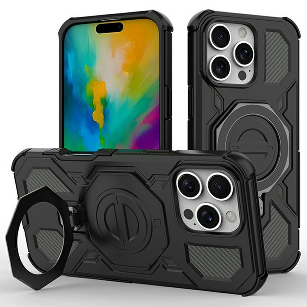 For iPhone 16 Pro Max Magnetic Case Rotating Metal Kickstand Shockproof PC + TPU Phone Back Cover - Black