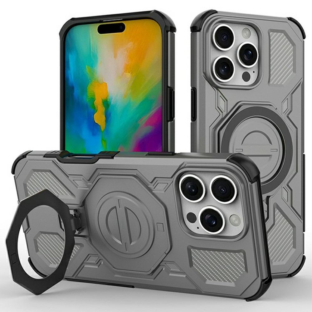 For iPhone 16 Pro Max Magnetic Case Rotating Metal Kickstand Shockproof PC + TPU Phone Back Cover - Grey