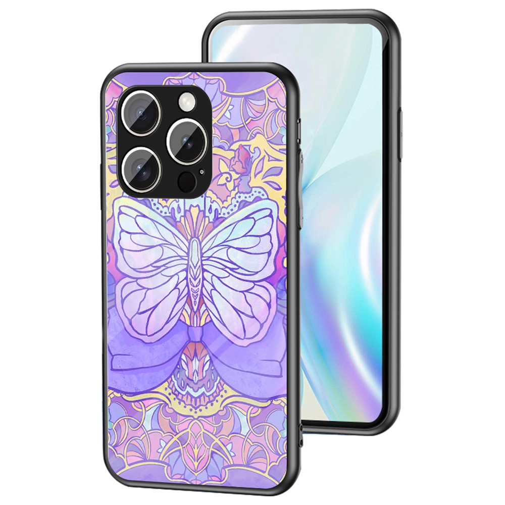 For iPhone 16 Pro Max Case Butterfly Pattern TPU + Tempered Glass Protective Phone Cover - Phantom Butterfly