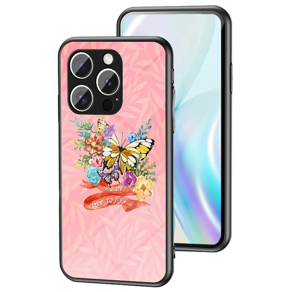 For iPhone 16 Pro Max Case Butterfly Pattern TPU + Tempered Glass Protective Phone Cover - Flower Bush Butterfly