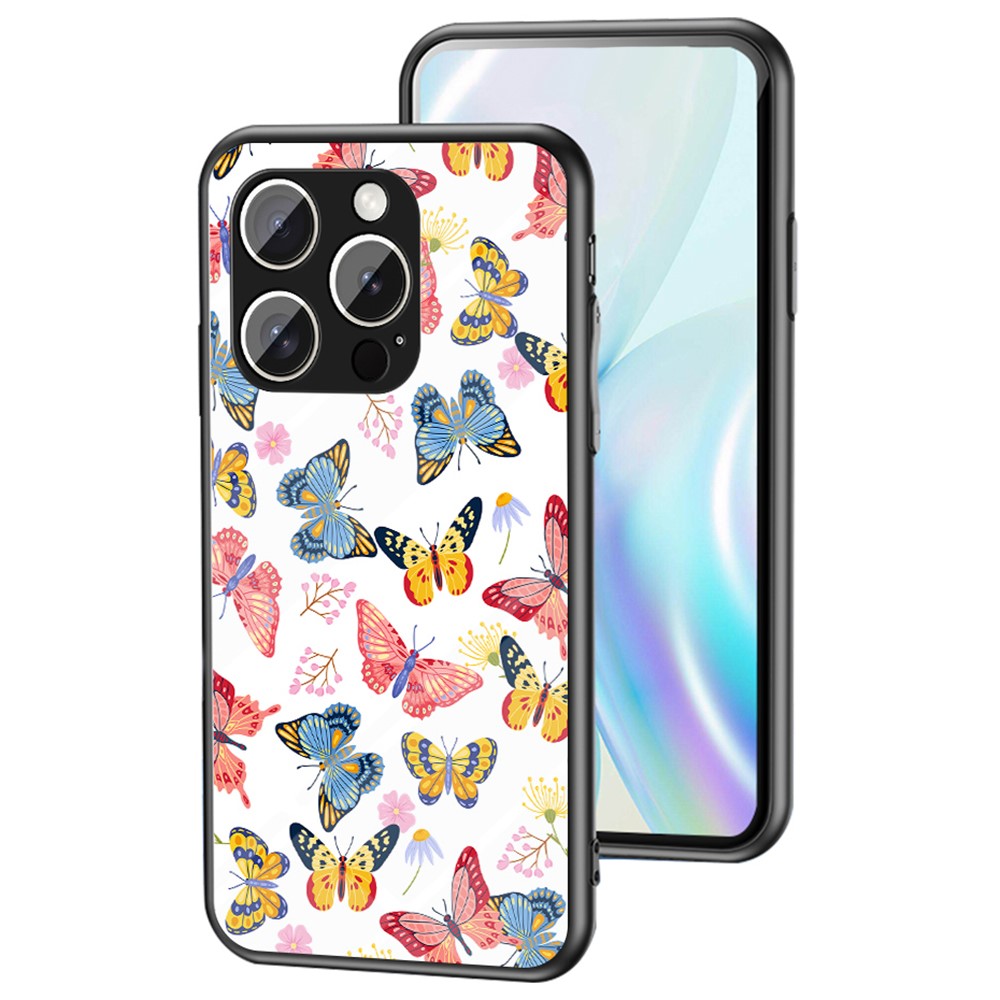 For iPhone 16 Pro Max Case Butterfly Pattern TPU + Tempered Glass Protective Phone Cover - Colorful Butterfly