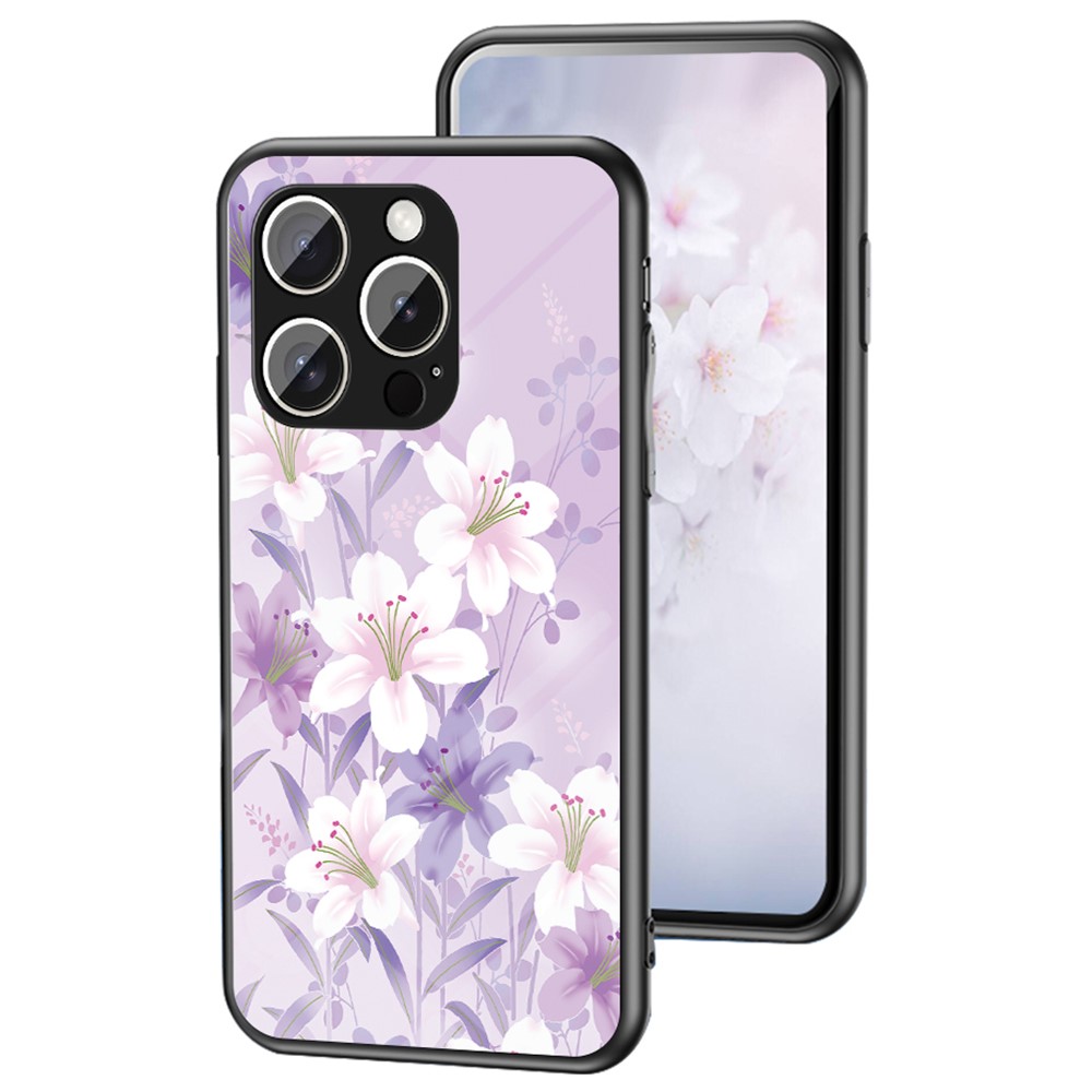 For iPhone 16 Pro Max Case Floral Pattern TPU + Tempered Glass Protective Phone Cover - Purple Magnolia