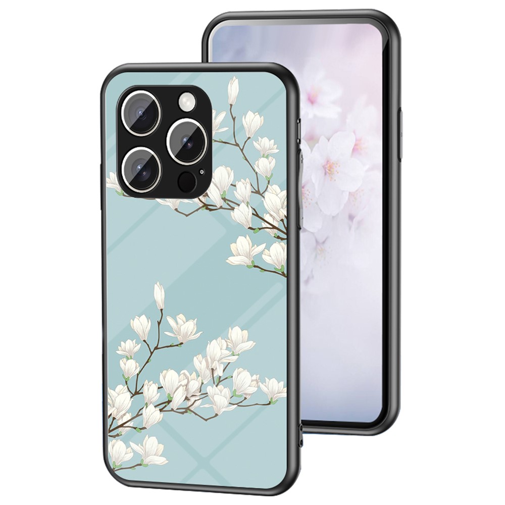 For iPhone 16 Pro Max Case Floral Pattern TPU + Tempered Glass Protective Phone Cover - Gardenias