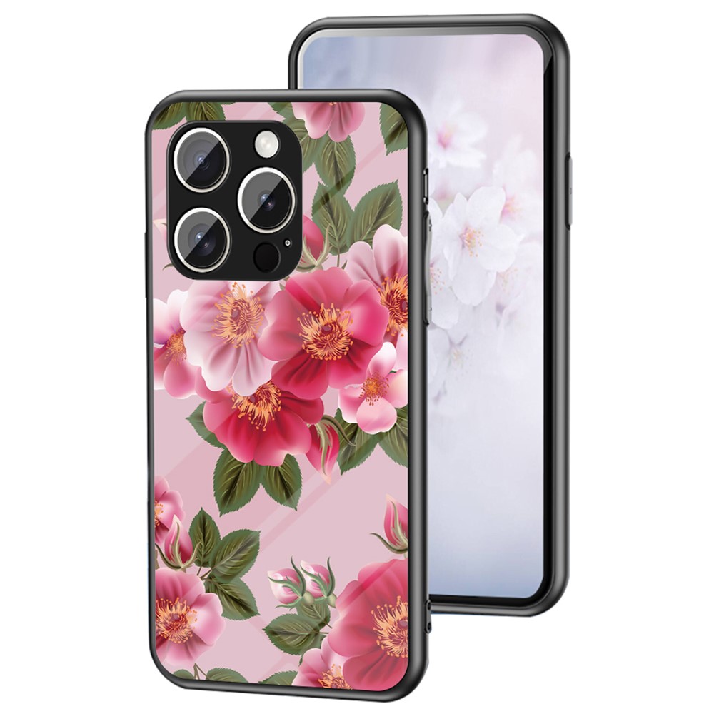 For iPhone 15 Pro Case Floral Pattern TPU + Tempered Glass Protective Phone Cover - Glamorous Peony