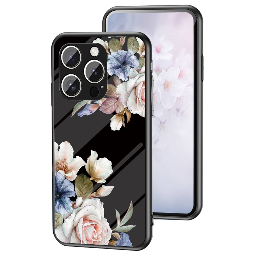 For iPhone 15 Pro Case Floral Pattern TPU + Tempered Glass Protective Phone Cover - Black Flower Bush