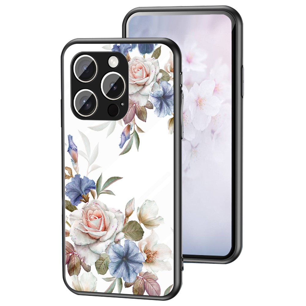 For iPhone 15 Pro Case Floral Pattern TPU + Tempered Glass Protective Phone Cover - White Flower Bush