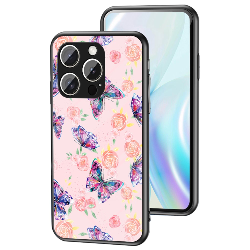 For iPhone 15 Pro Max Case Butterfly Pattern TPU + Tempered Glass Protective Phone Cover - Rose Butterfly