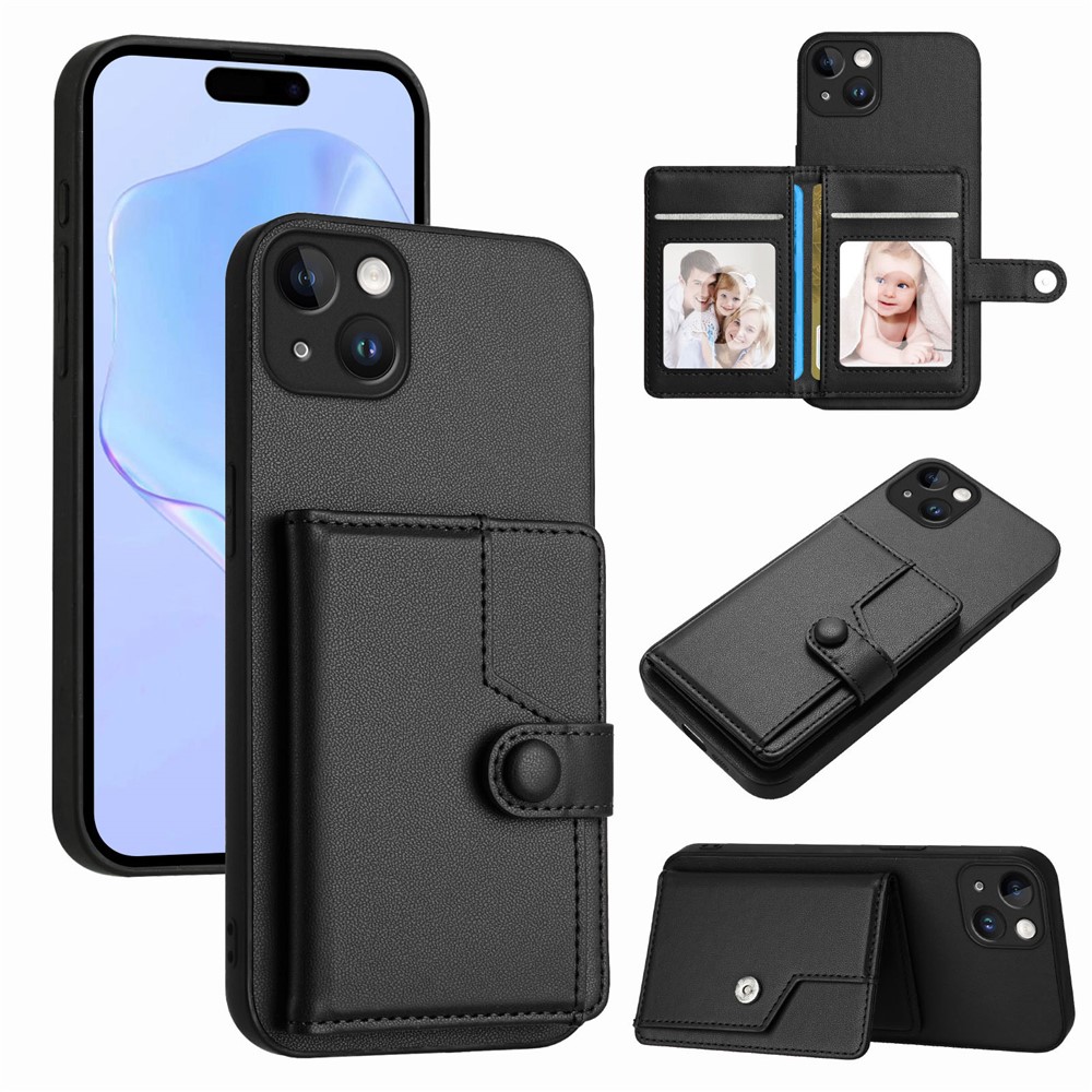 For iPhone 15 Plus Case RFID Blocking Card Holder Kickstand TPU + PU Leather Phone Back Cover - Black