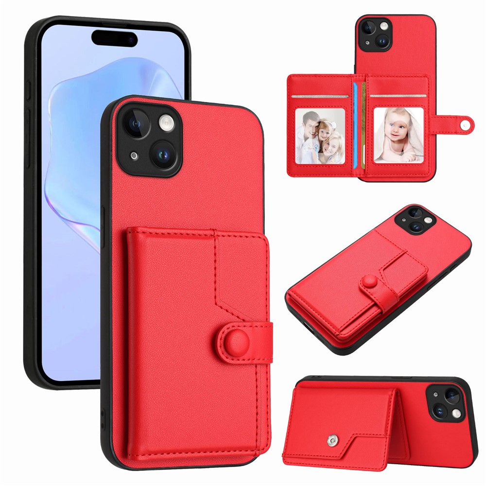 For iPhone 15 Plus Case RFID Blocking Card Holder Kickstand TPU + PU Leather Phone Back Cover - Red