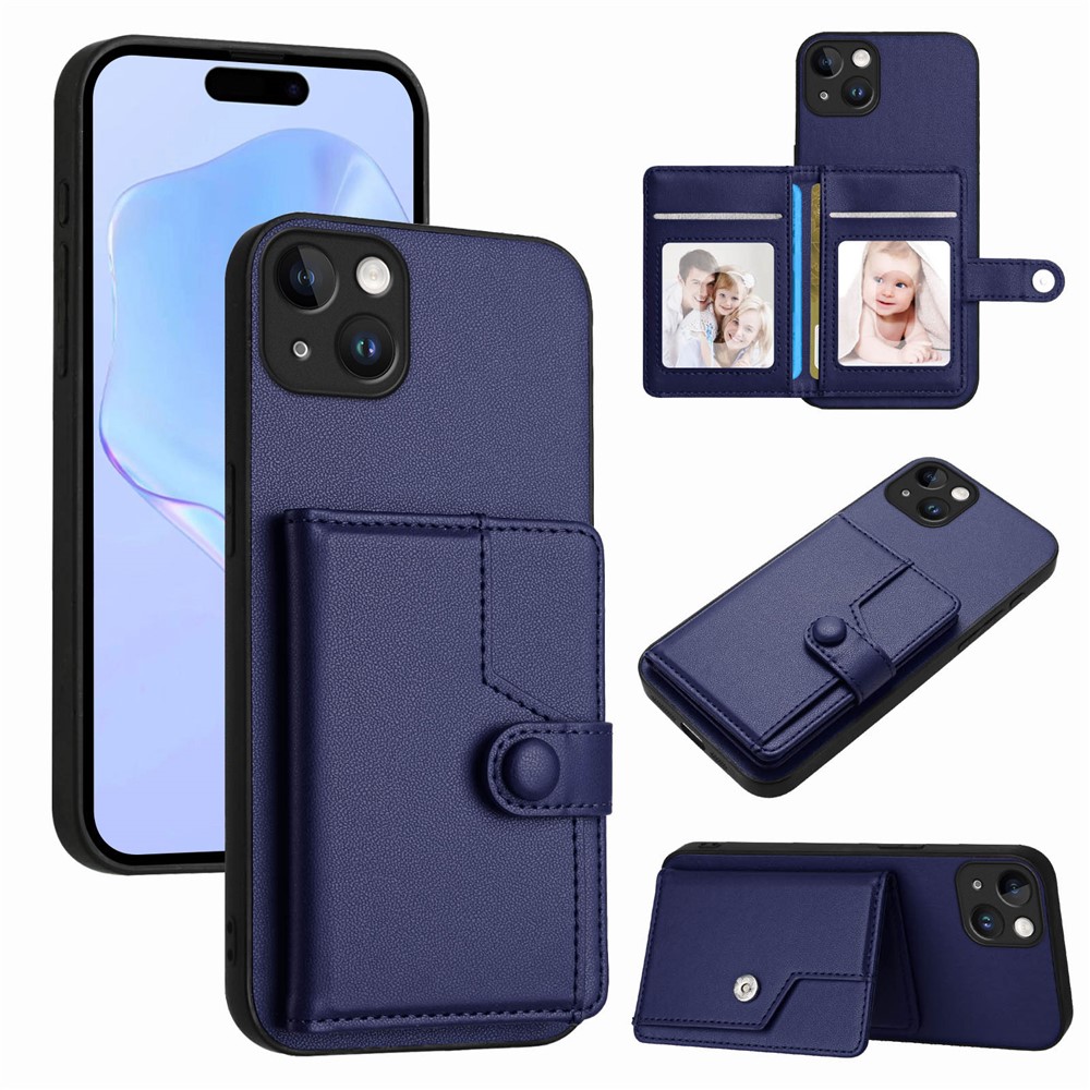 For iPhone 15 Plus Case RFID Blocking Card Holder Kickstand TPU + PU Leather Phone Back Cover - Blue