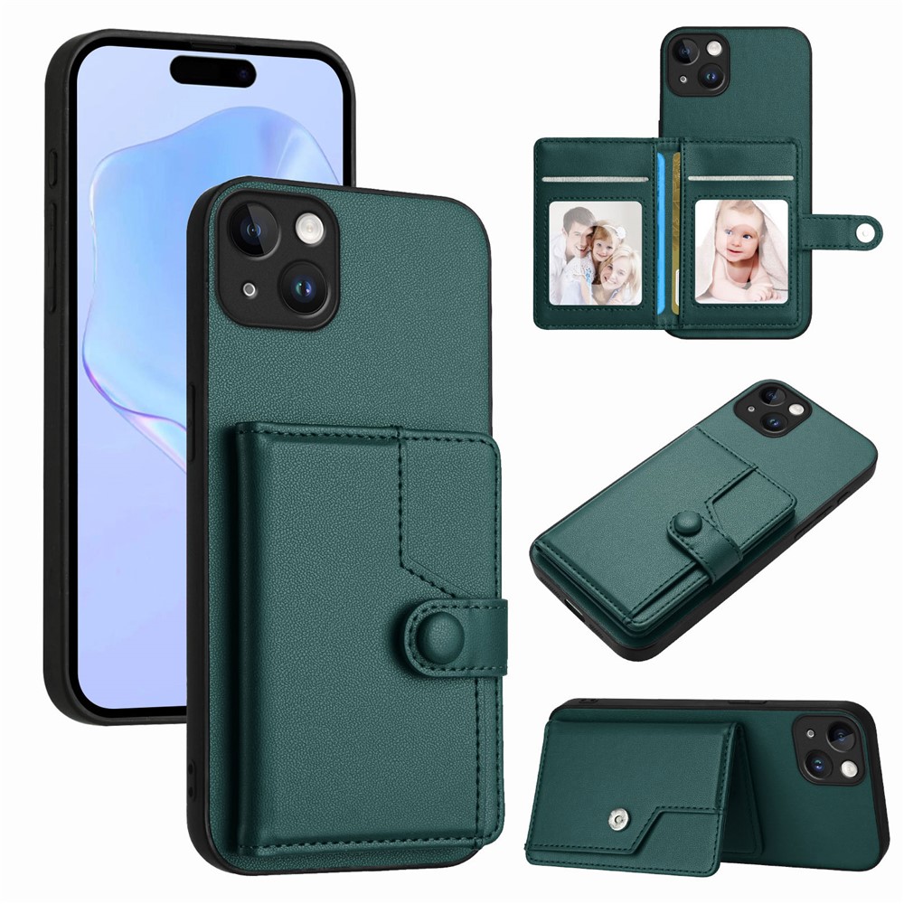 For iPhone 15 Plus Case RFID Blocking Card Holder Kickstand TPU + PU Leather Phone Back Cover - Green
