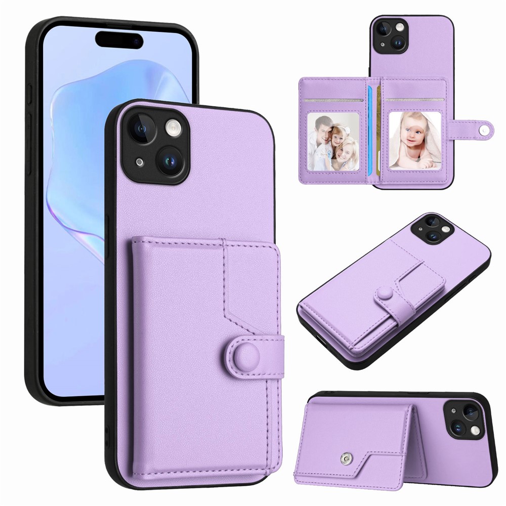 For iPhone 15 Plus Case RFID Blocking Card Holder Kickstand TPU + PU Leather Phone Back Cover - Purple