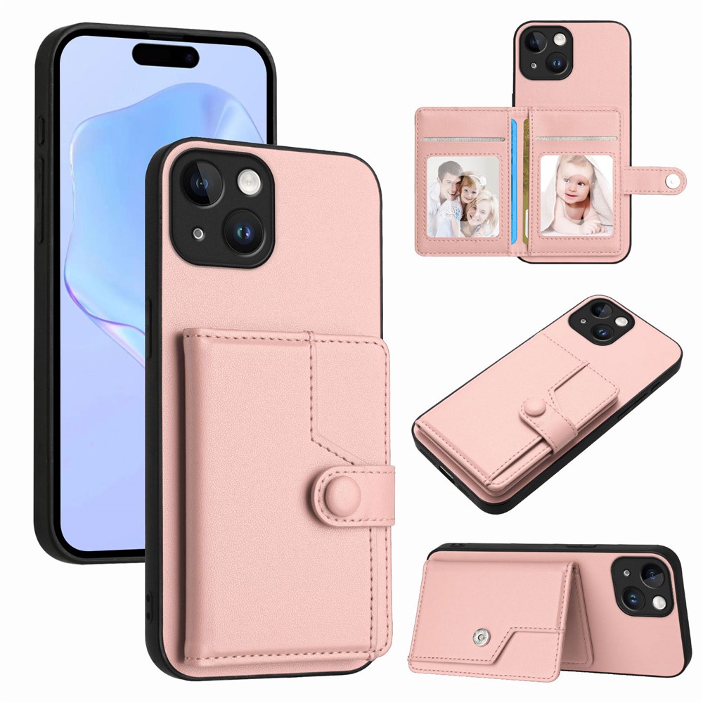 For iPhone 15 Case RFID Blocking Card Holder Kickstand TPU + PU Leather Phone Back Cover - Rose Gold