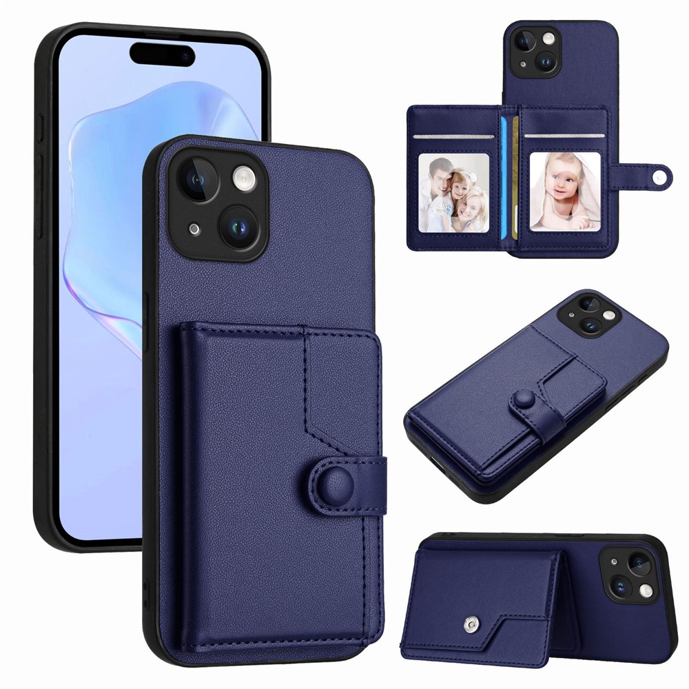 For iPhone 15 Case RFID Blocking Card Holder Kickstand TPU + PU Leather Phone Back Cover - Blue