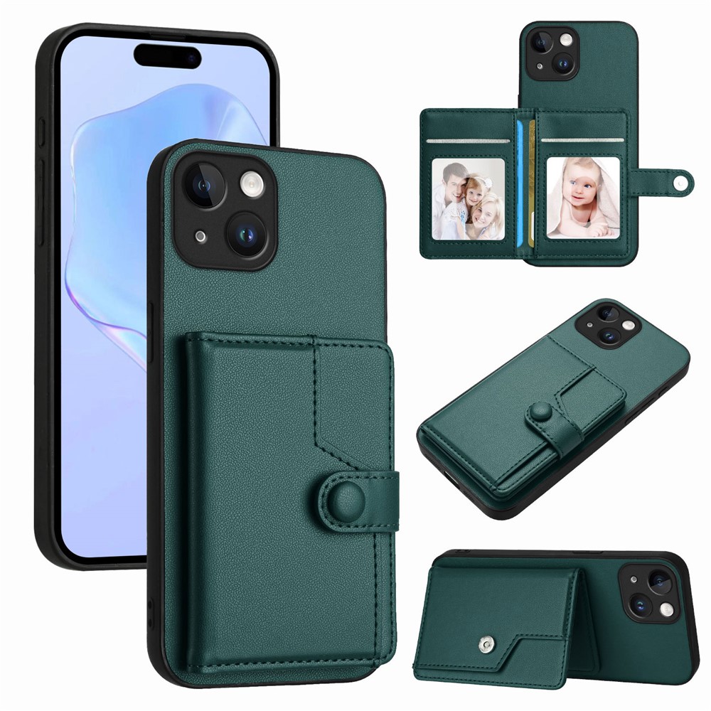 For iPhone 15 Case RFID Blocking Card Holder Kickstand TPU + PU Leather Phone Back Cover - Green