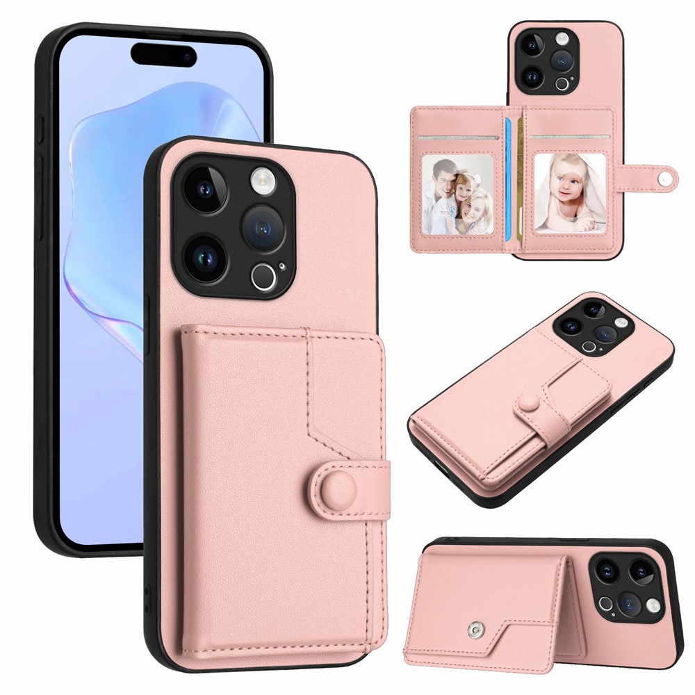 For iPhone 15 Pro Case RFID Blocking Card Holder Kickstand TPU + PU Leather Phone Back Cover - Rose Gold
