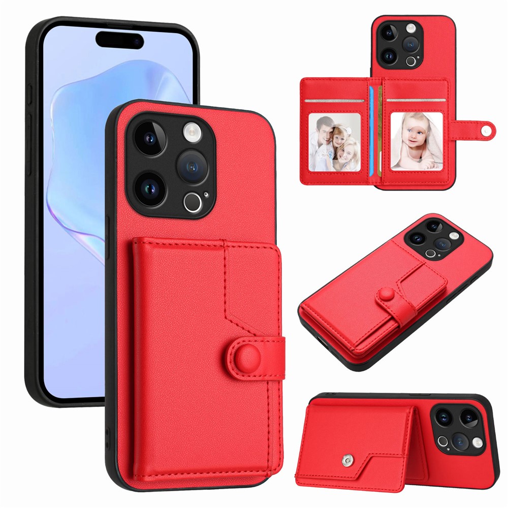For iPhone 15 Pro Case RFID Blocking Card Holder Kickstand TPU + PU Leather Phone Back Cover - Red
