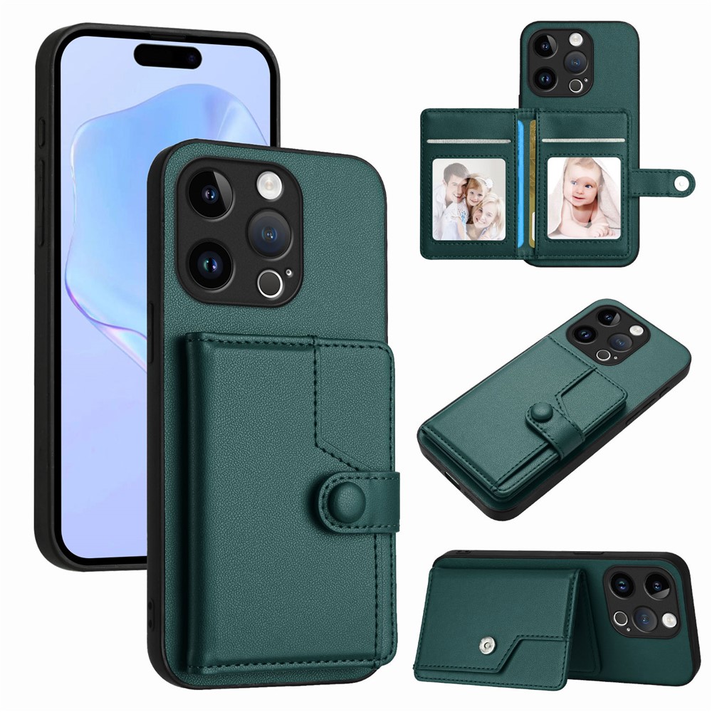 For iPhone 15 Pro Case RFID Blocking Card Holder Kickstand TPU + PU Leather Phone Back Cover - Green