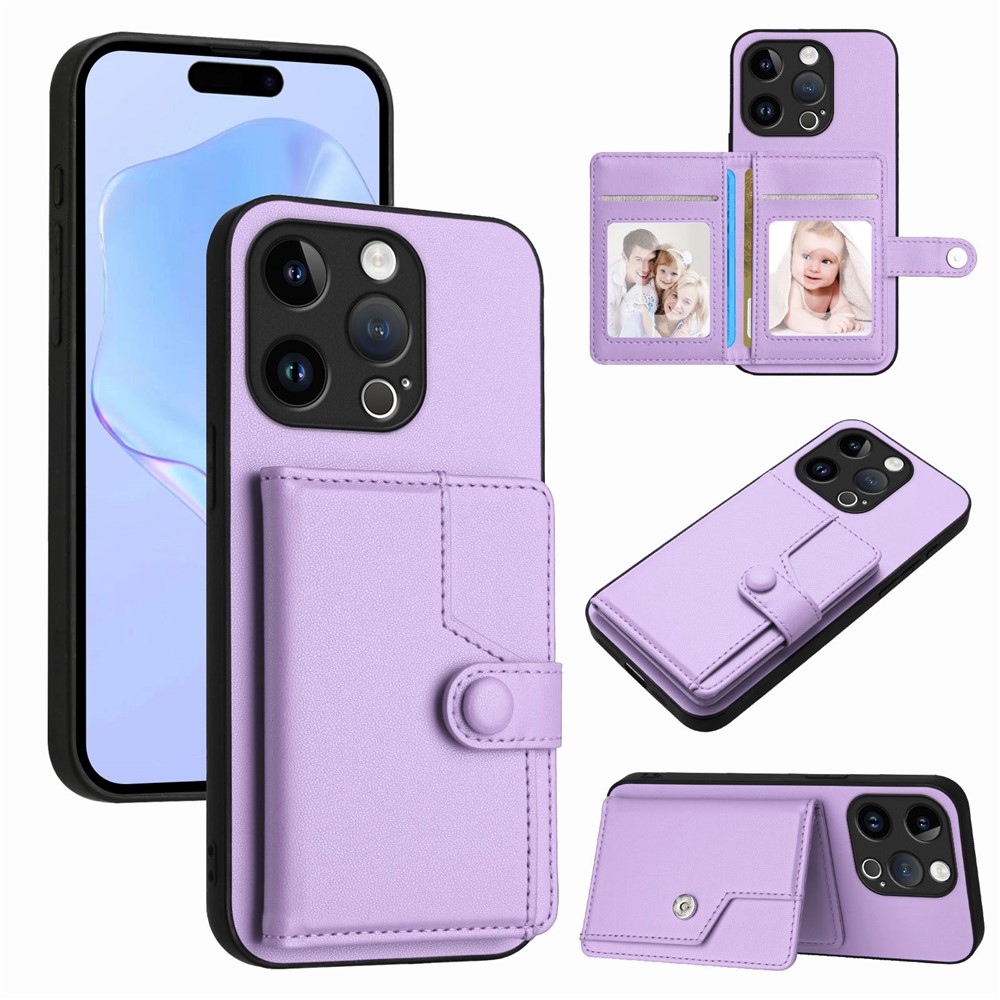 For iPhone 15 Pro Case RFID Blocking Card Holder Kickstand TPU + PU Leather Phone Back Cover - Purple