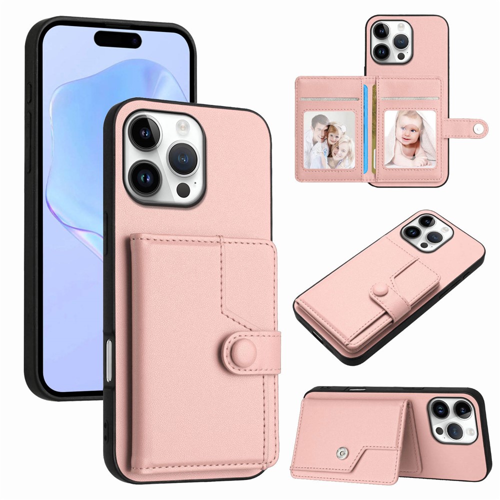 For iPhone 16 Pro Max Case RFID Blocking Card Holder Kickstand TPU + PU Leather Phone Back Cover - Rose Gold