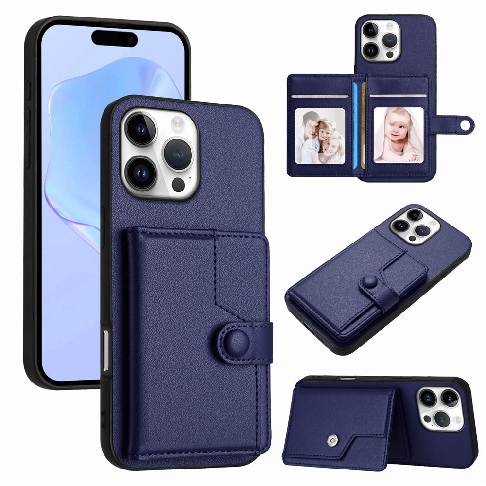 For iPhone 16 Pro Max Case RFID Blocking Card Holder Kickstand TPU + PU Leather Phone Back Cover - Blue