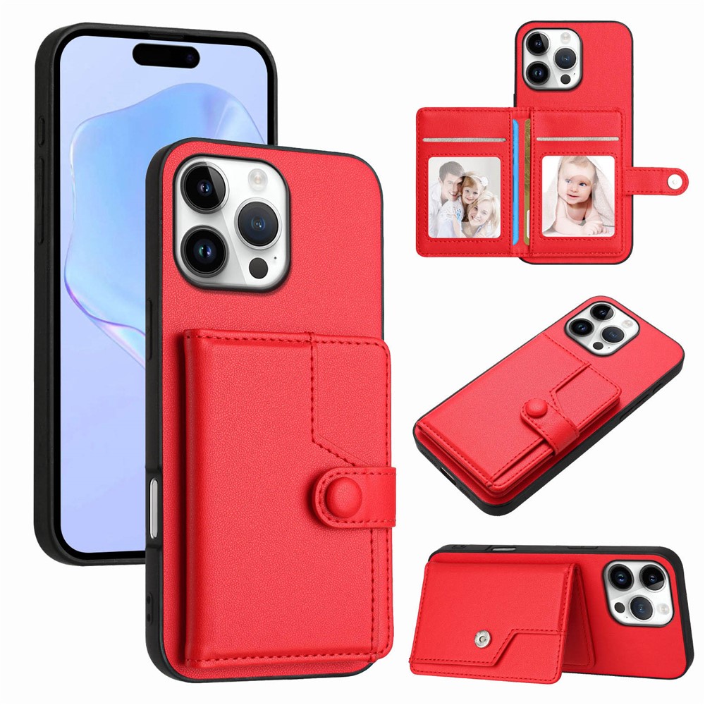 For iPhone 16 Pro Case RFID Blocking Card Holder Kickstand TPU + PU Leather Phone Back Cover - Red