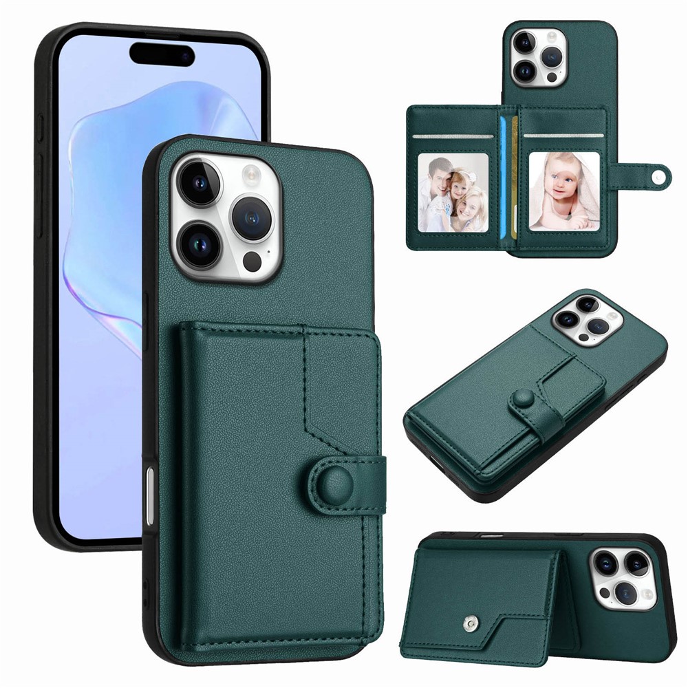 For iPhone 16 Pro Case RFID Blocking Card Holder Kickstand TPU + PU Leather Phone Back Cover - Green