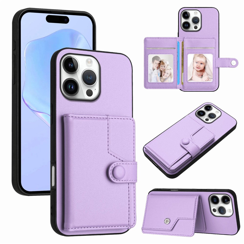 For iPhone 16 Pro Case RFID Blocking Card Holder Kickstand TPU + PU Leather Phone Back Cover - Purple