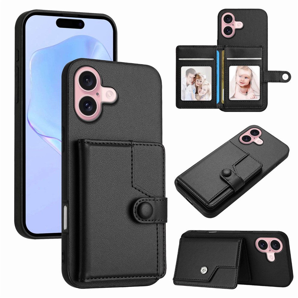 For iPhone 16 Plus Case RFID Blocking Card Holder Kickstand TPU + PU Leather Phone Back Cover - Black