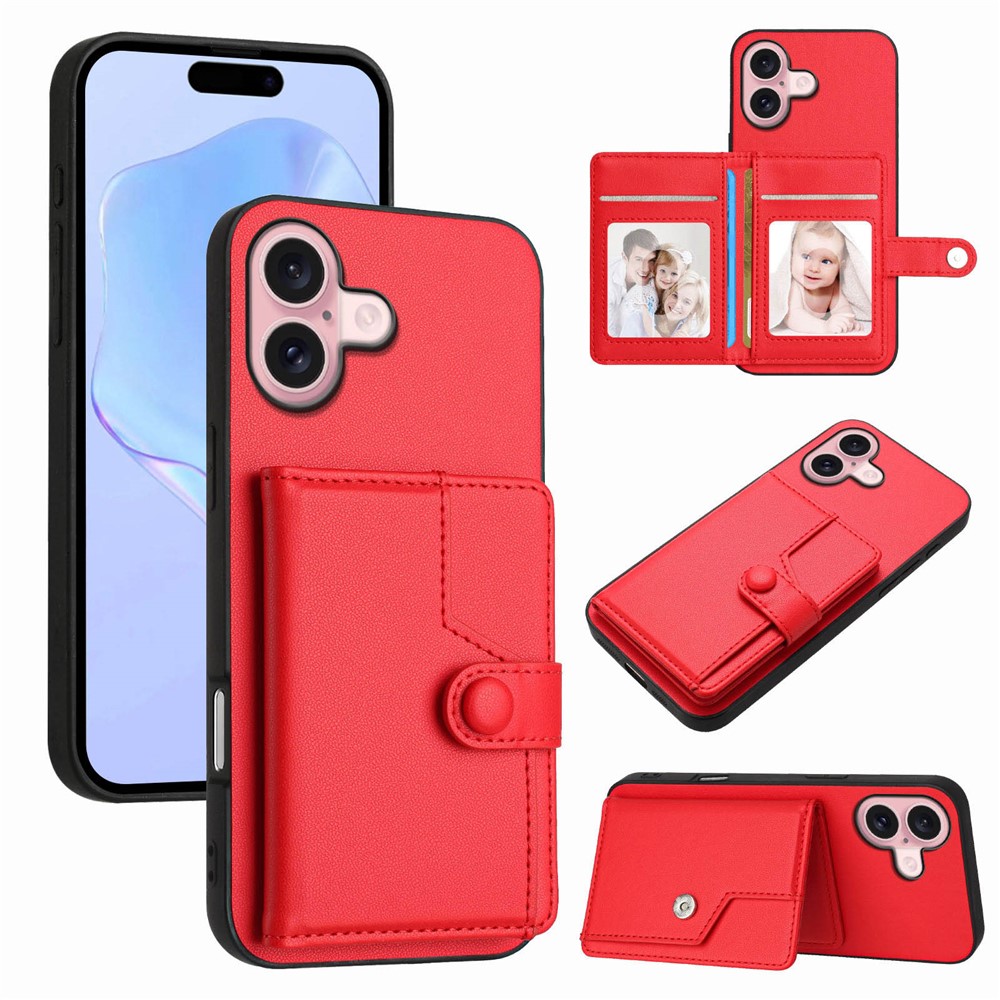 For iPhone 16 Plus Case RFID Blocking Card Holder Kickstand TPU + PU Leather Phone Back Cover - Red