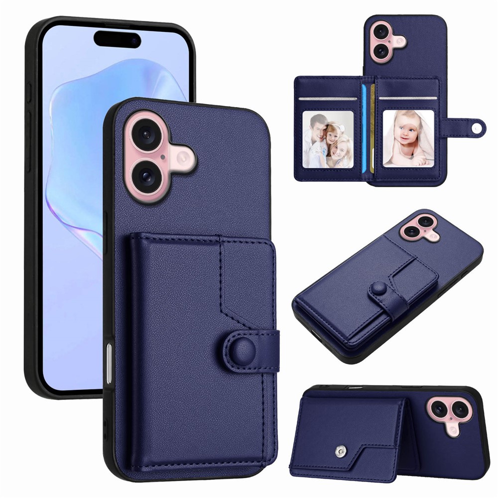 For iPhone 16 Plus Case RFID Blocking Card Holder Kickstand TPU + PU Leather Phone Back Cover - Blue