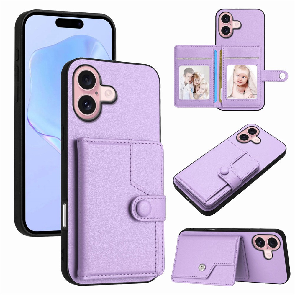 For iPhone 16 Plus Case RFID Blocking Card Holder Kickstand TPU + PU Leather Phone Back Cover - Purple