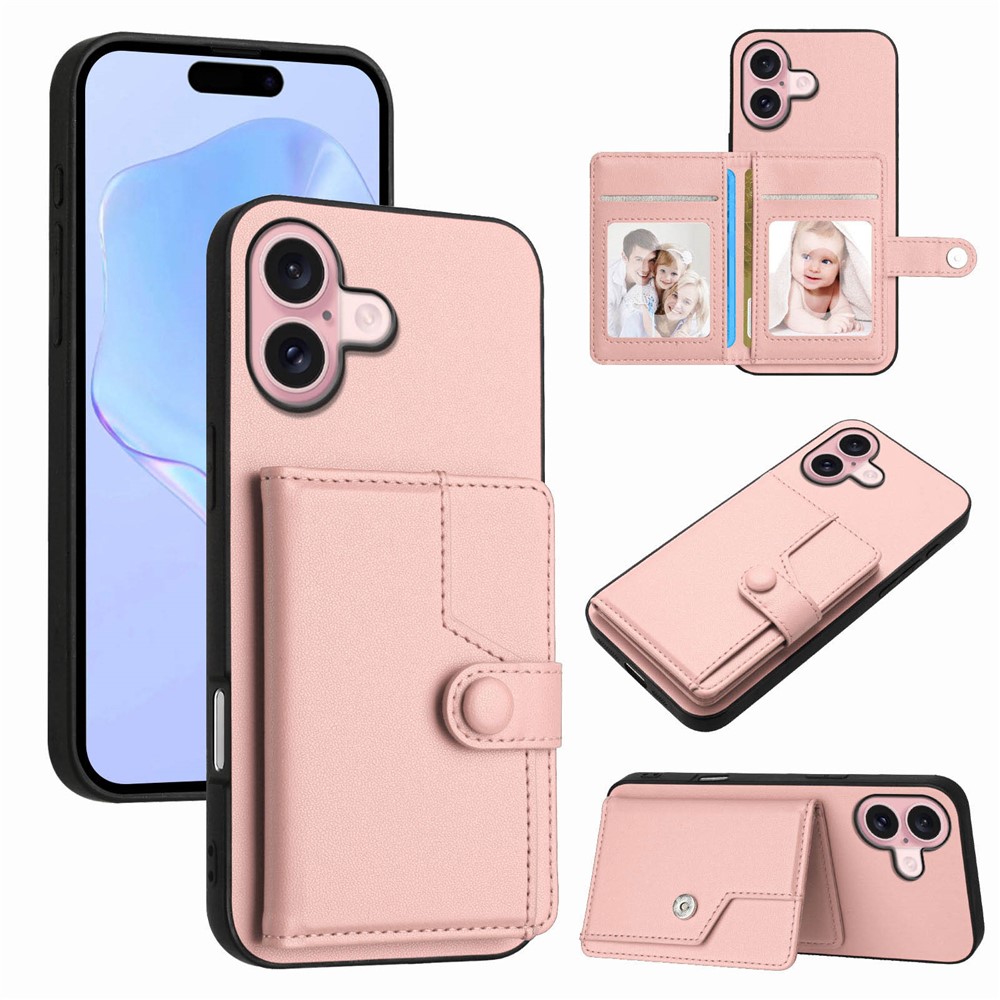 For iPhone 16 Case RFID Blocking Card Holder Kickstand TPU + PU Leather Phone Back Cover - Rose Gold