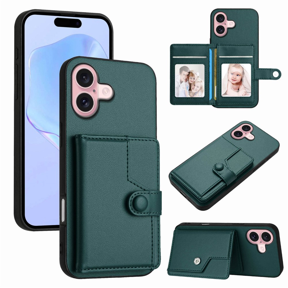For iPhone 16 Case RFID Blocking Card Holder Kickstand TPU + PU Leather Phone Back Cover - Green