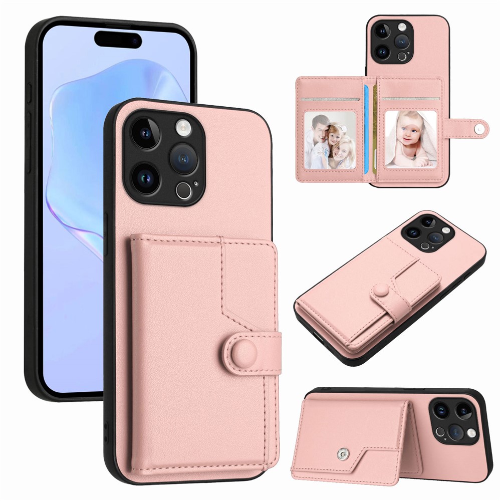 For iPhone 15 Pro Max Case RFID Blocking Card Holder Kickstand TPU + PU Leather Phone Back Cover - Rose Gold