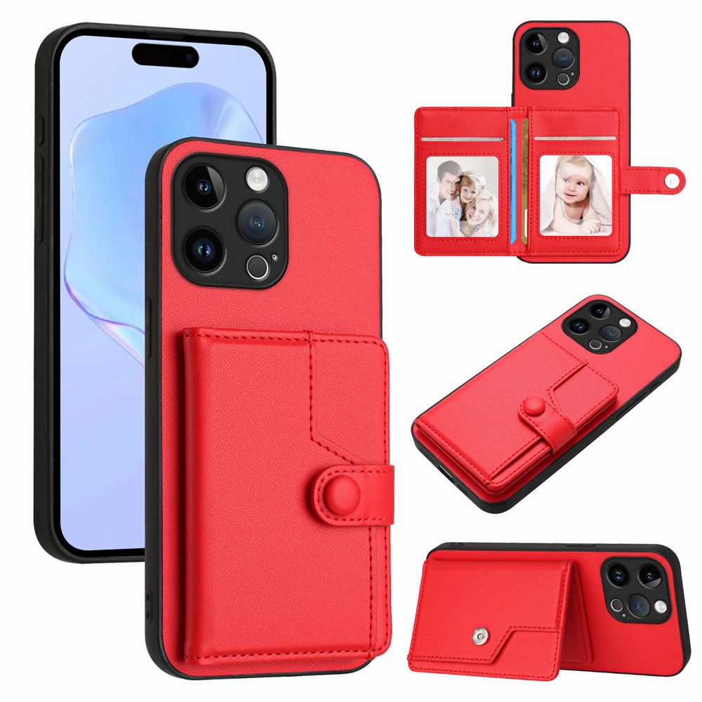 For iPhone 15 Pro Max Case RFID Blocking Card Holder Kickstand TPU + PU Leather Phone Back Cover - Red