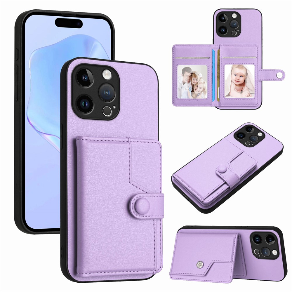 For iPhone 15 Pro Max Case RFID Blocking Card Holder Kickstand TPU + PU Leather Phone Back Cover - Purple