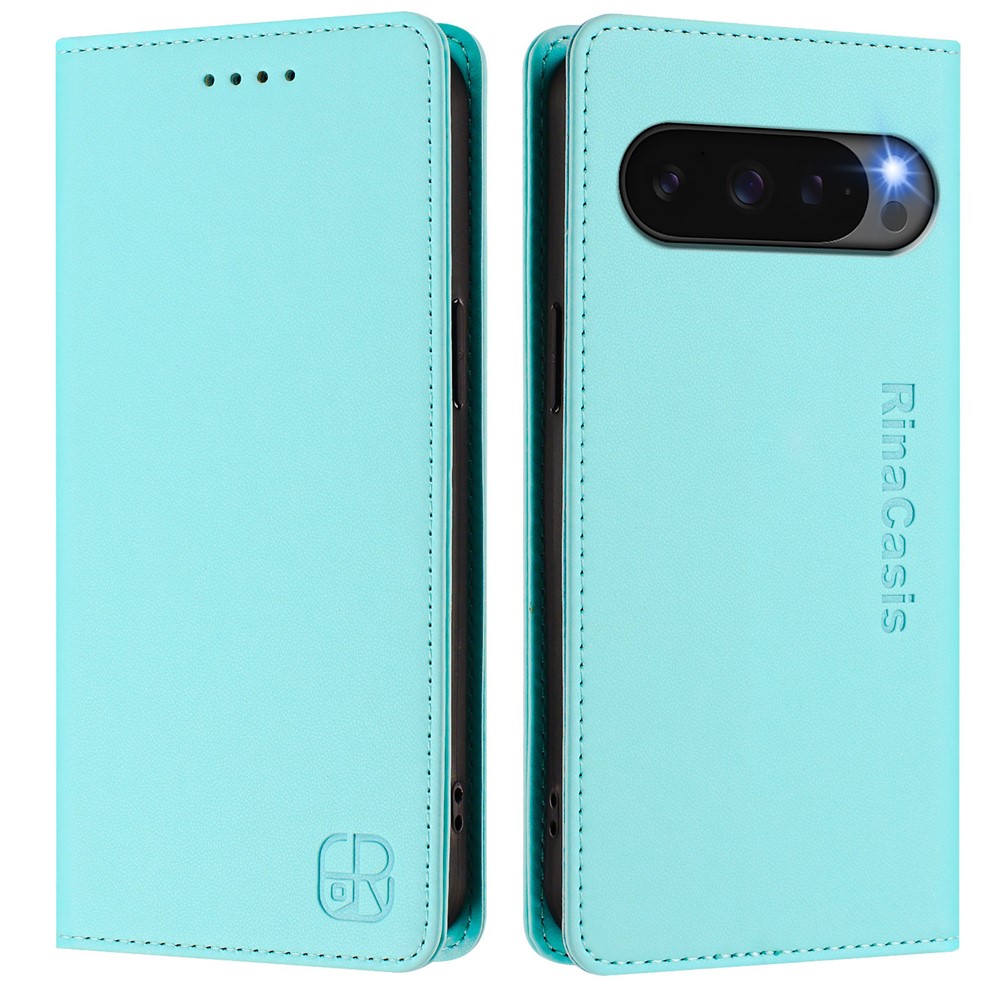 For Google Pixel 10 Pro / 10 / 9 Pro / 9 Leather Case RINACASIS RC01 Phone Cover with RFID Blocking Wallet Stand - Mint Green