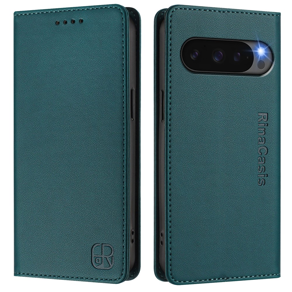 For Google Pixel 10 Pro / 10 / 9 Pro / 9 Leather Case RINACASIS RC01 Phone Cover with RFID Blocking Wallet Stand - Dark Green