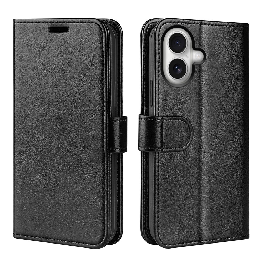 For iPhone 17 Case Crazy Horse Texture Stand Leather Phone Cover - Black