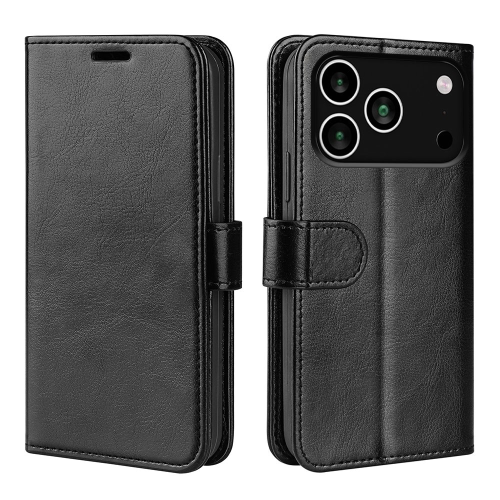 For iPhone 17 Pro Case Crazy Horse Texture Stand Leather Phone Cover - Black