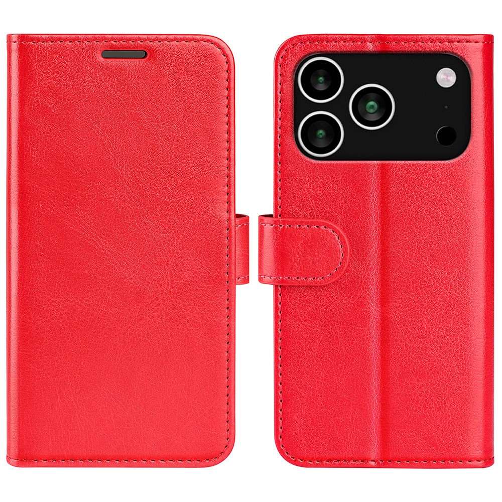 For iPhone 17 Pro Case Crazy Horse Texture Stand Leather Phone Cover - Red