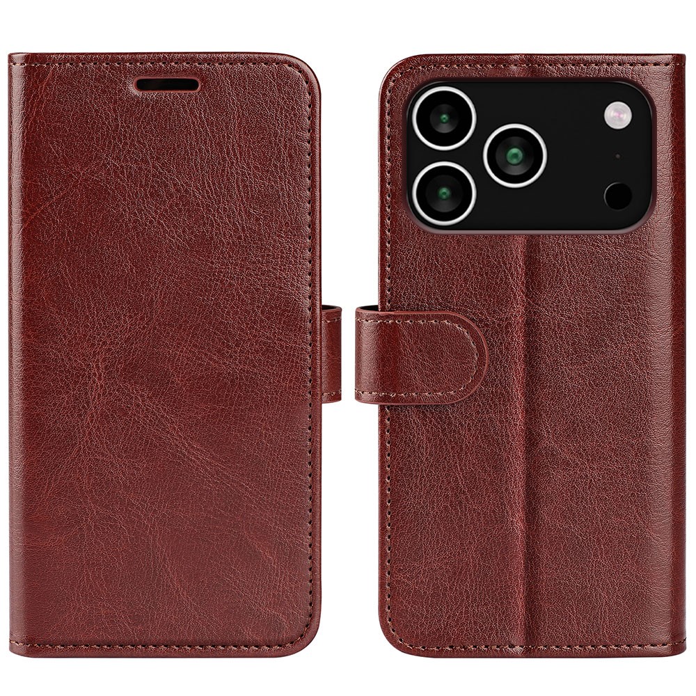 For iPhone 17 Pro Case Crazy Horse Texture Stand Leather Phone Cover - Brown