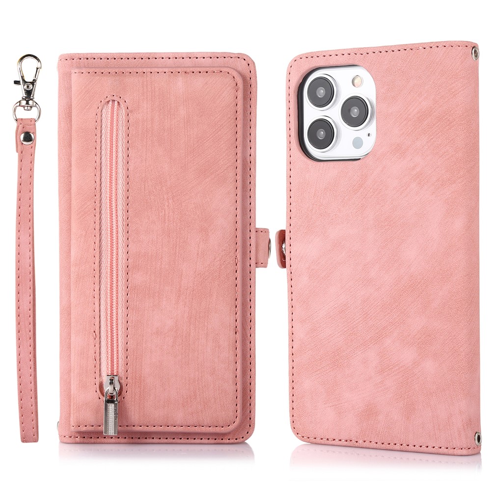 For iPhone 16 Pro Max Case Zipper Pocket 9 Card Slots PU Leather Phone Cover with Wrist Strap - Rose Gold