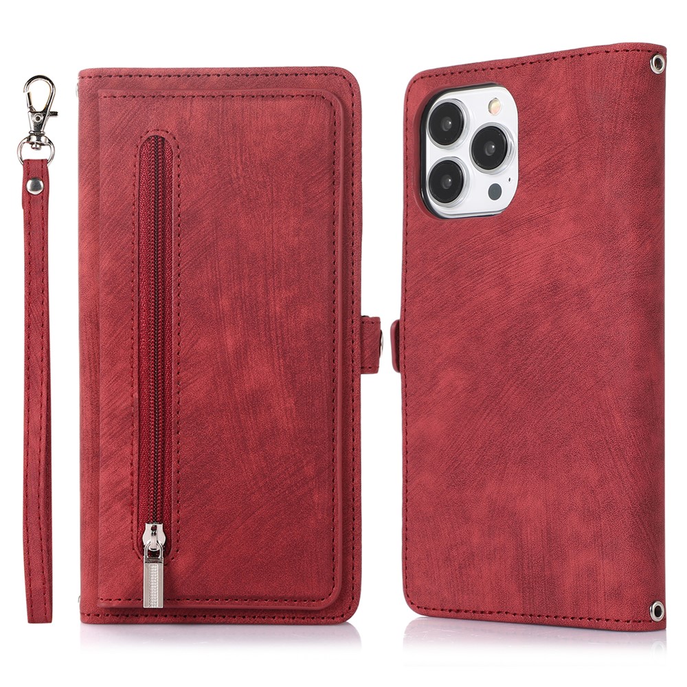 For iPhone 16 Pro Max Case Zipper Pocket 9 Card Slots PU Leather Phone Cover with Wrist Strap - Red