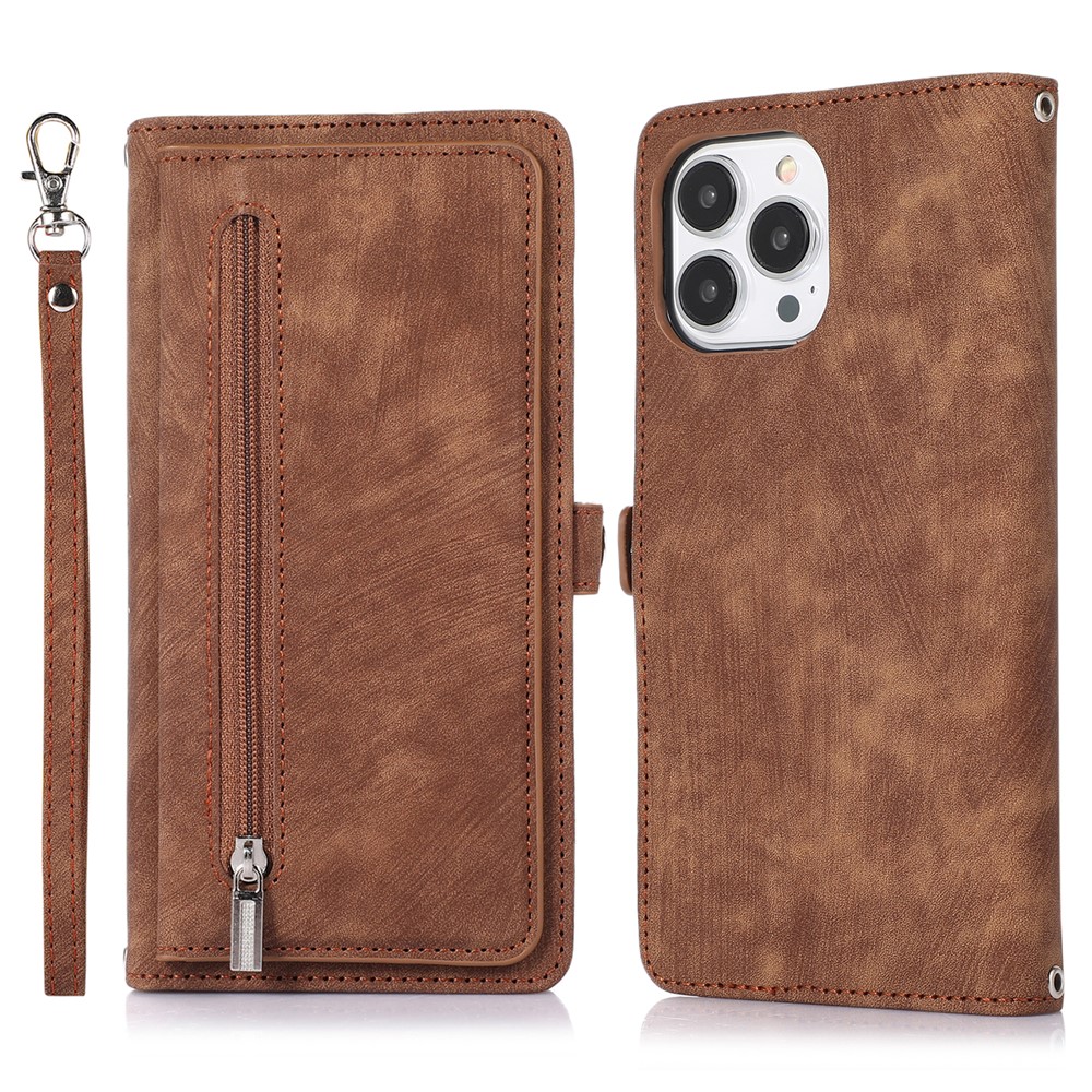 For iPhone 16 Pro Max Case Zipper Pocket 9 Card Slots PU Leather Phone Cover with Wrist Strap - Brown