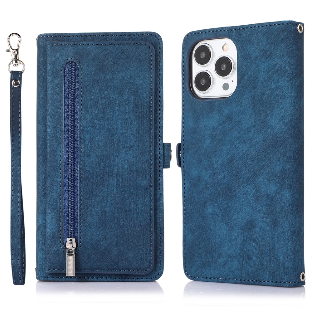 For iPhone 16 Pro Max Case Zipper Pocket 9 Card Slots PU Leather Phone Cover with Wrist Strap - Blue