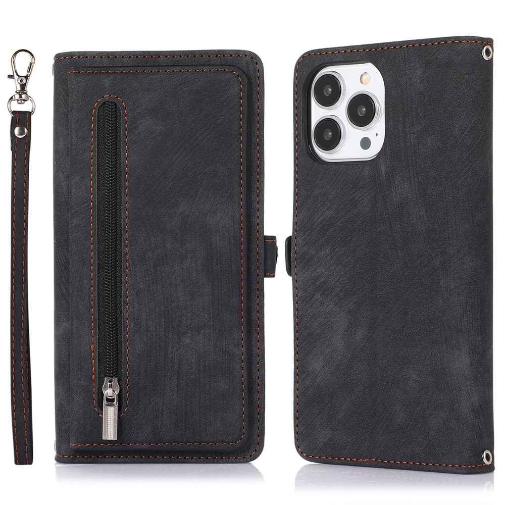 For iPhone 16 Pro Max Case Zipper Pocket 9 Card Slots PU Leather Phone Cover with Wrist Strap - Black
